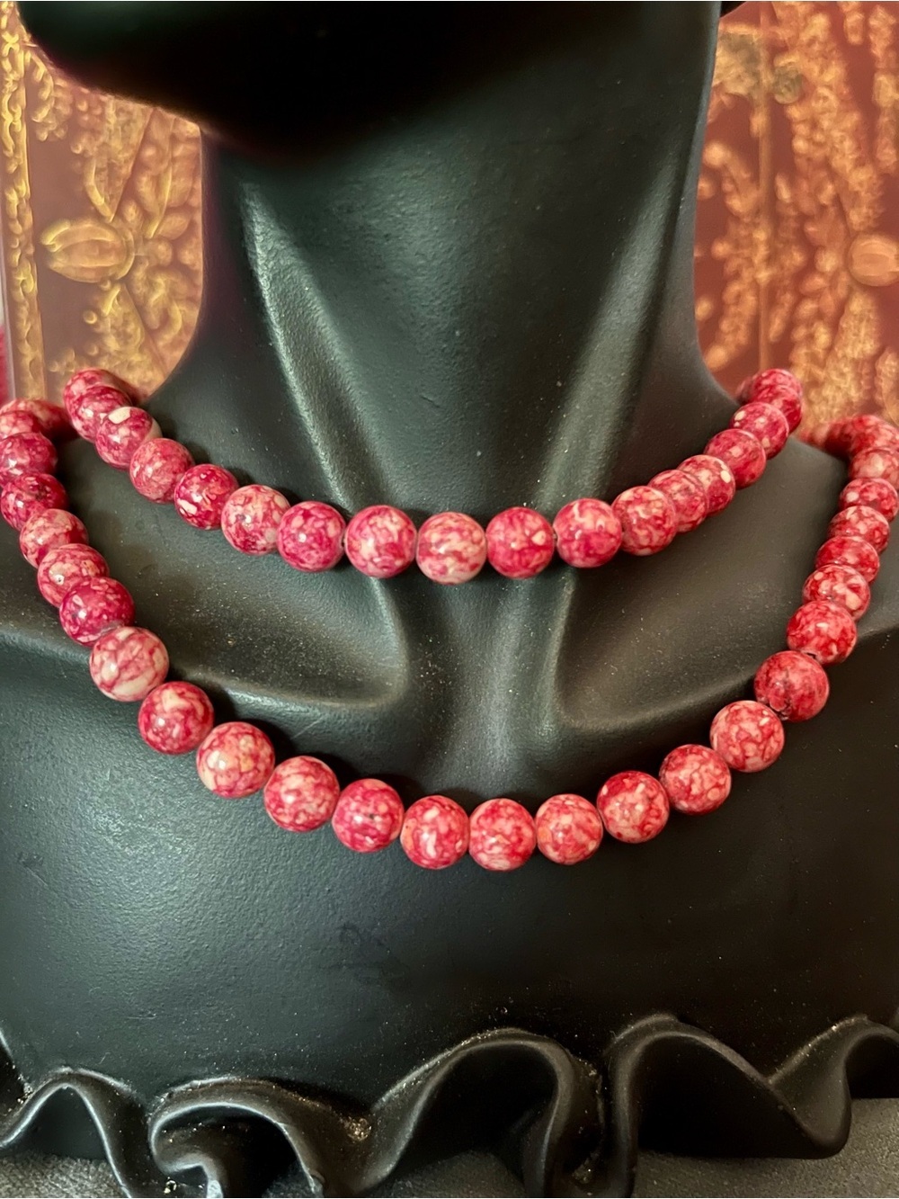 Vintage Pink Marbled Stone Bead Necklace 35” Long 8mm Beads No Clasp Statement - Picture 2 of 5
